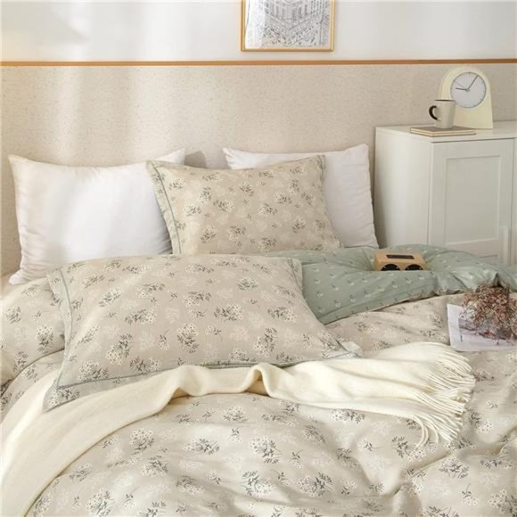 Boho Floral Duvet Cover Queen Soft 100% Cotton Garden Green Floral Bedding Set - Picture 2 of 7